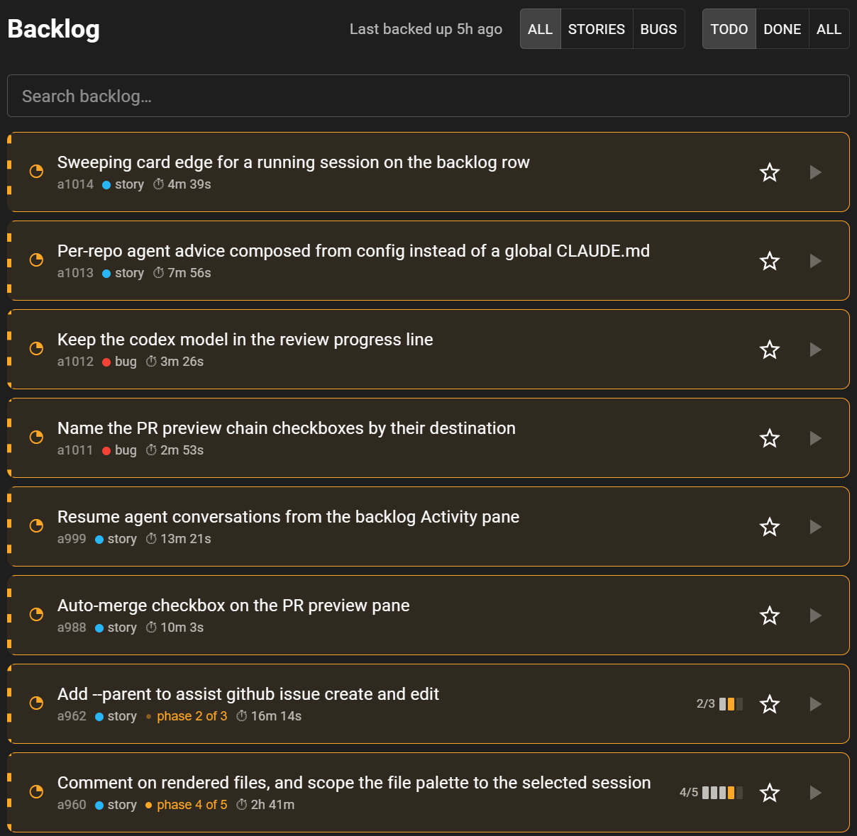 Backlog items currently in progress across multiple worktrees