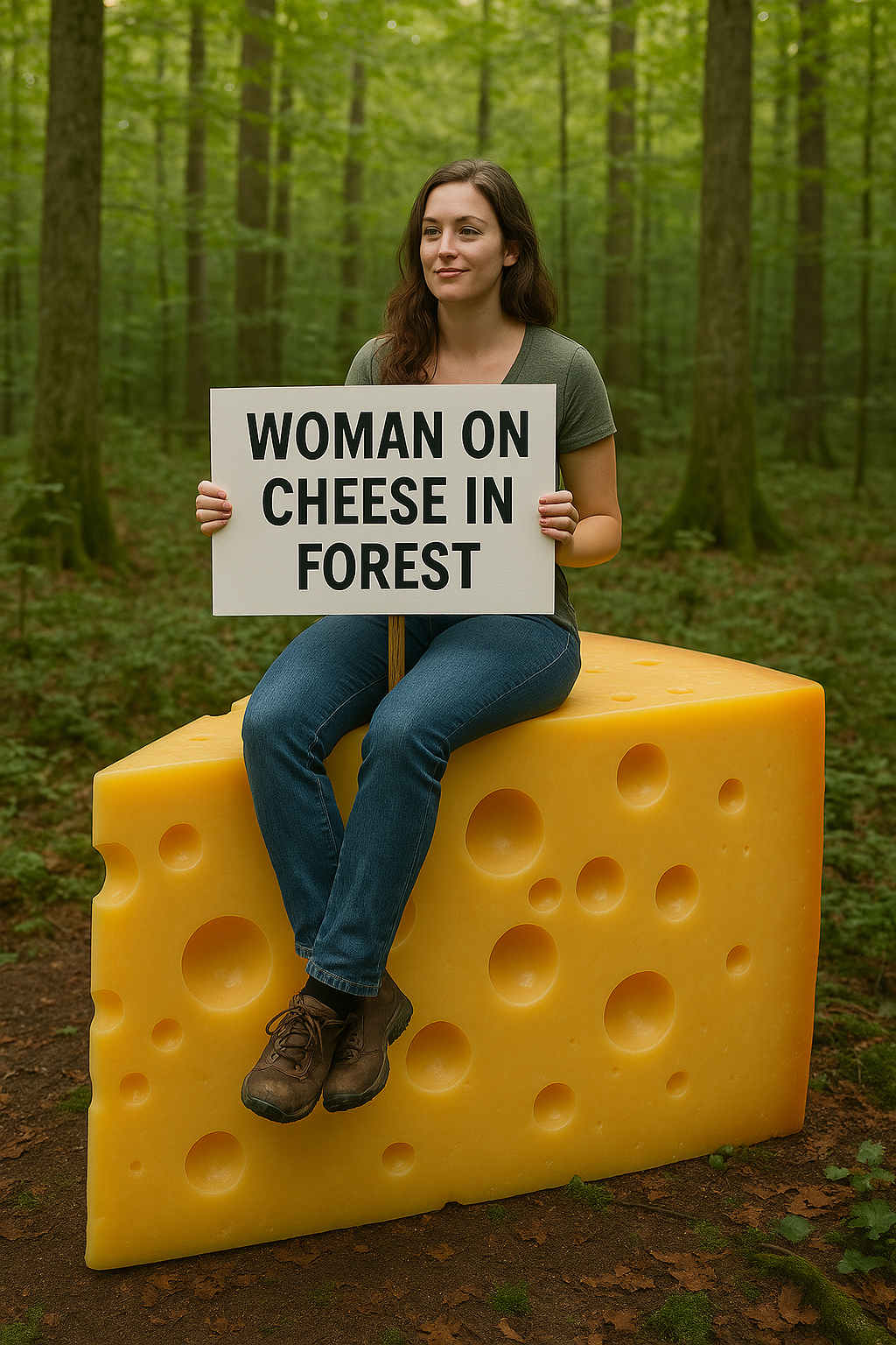 ok, but now make her hold a sign that says 'woman on cheese in forest'
