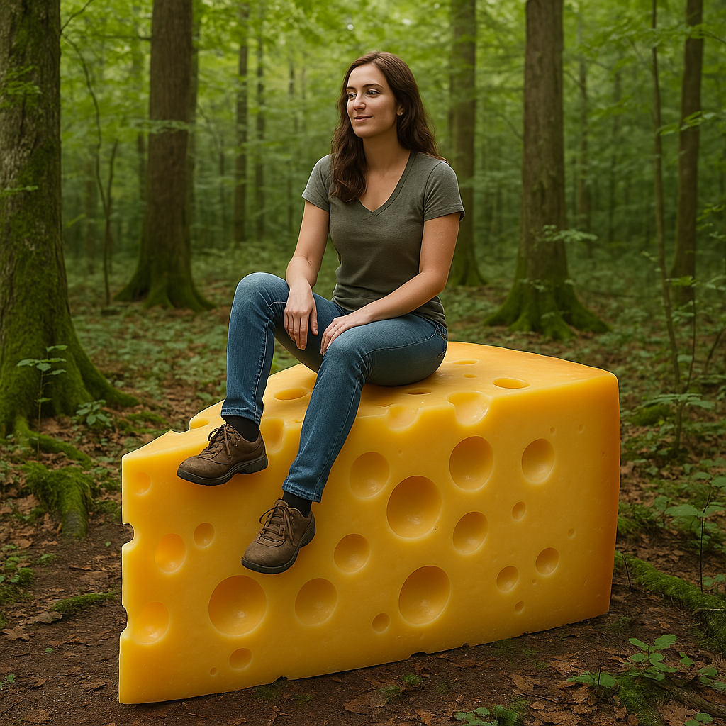 generate a photo-realistic image of a woman on a giant block of cheese in the middle of a forest